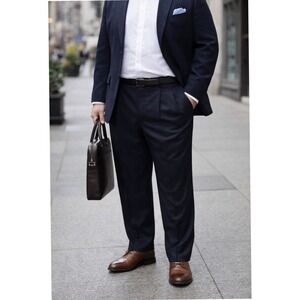 NWT Paul Fredrick Navy Blue Worsted Wool DRESS PANTS 44/38 pleated Unhemmed